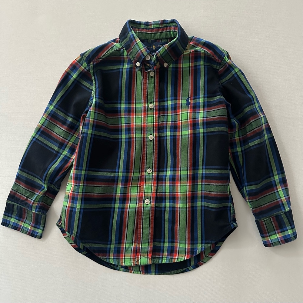 Ralph Lauren 4T Toddler Boy Green Plaid Shirt Holiday Christmas Red Black Blue